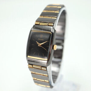 Vintage Pulsar Womens Watch 20mm Tank Black Gold Tone 1N01-5D90 w New Battery